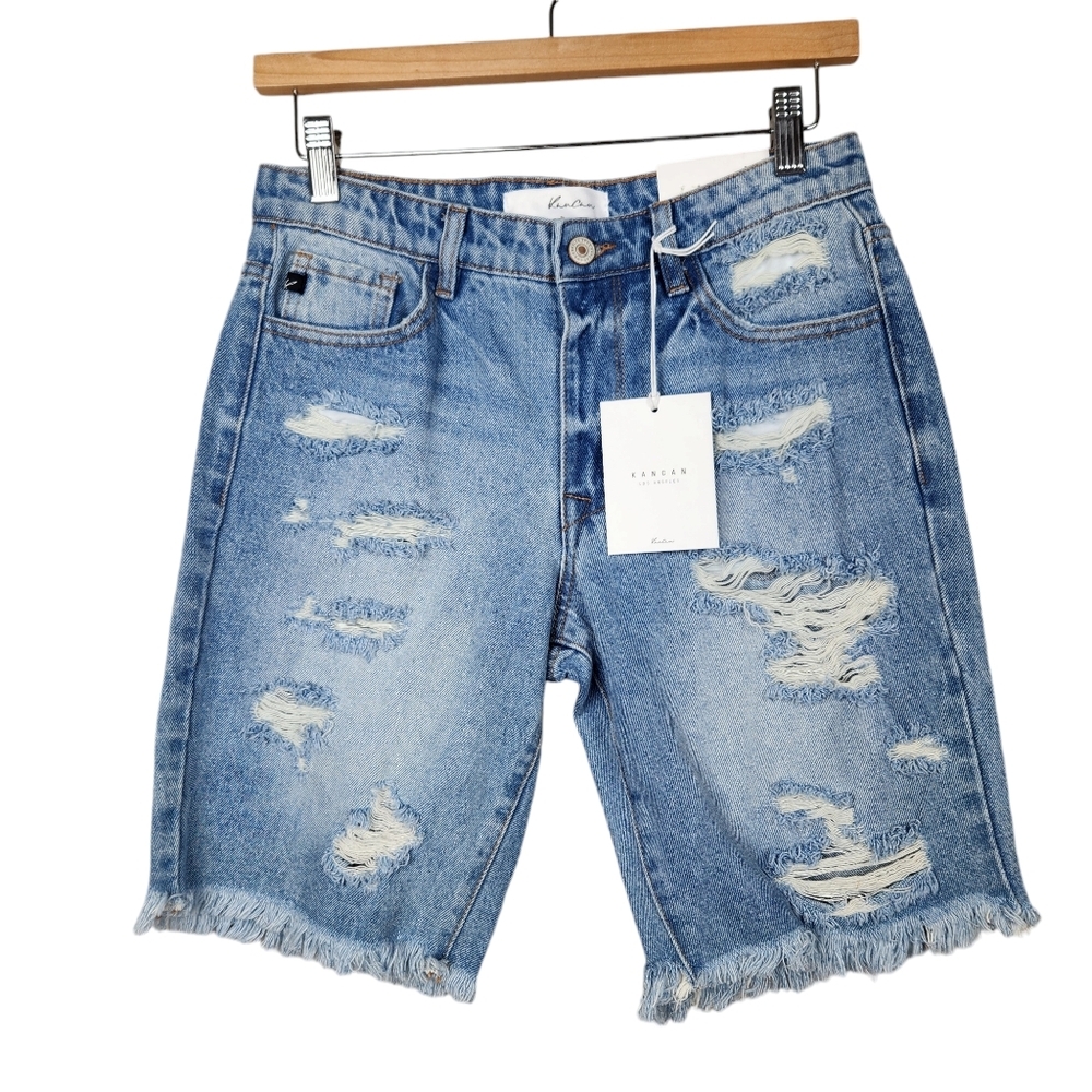 KanCan NWT Frayed Hem Bermuda Denim Blue Jean Distressed Shorts Women's Size XS